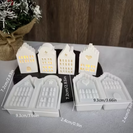 Jesmonite silikona forma dekorāciju liešanai – 4 namiņi, 9,3 × 7,2 cm